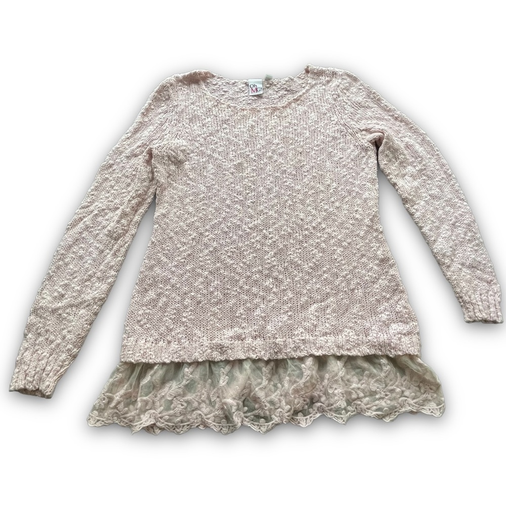 OhMG Pale Pink Lace Hem Textured Sweater Sz Large Dainty Grandmacore Balletcore
